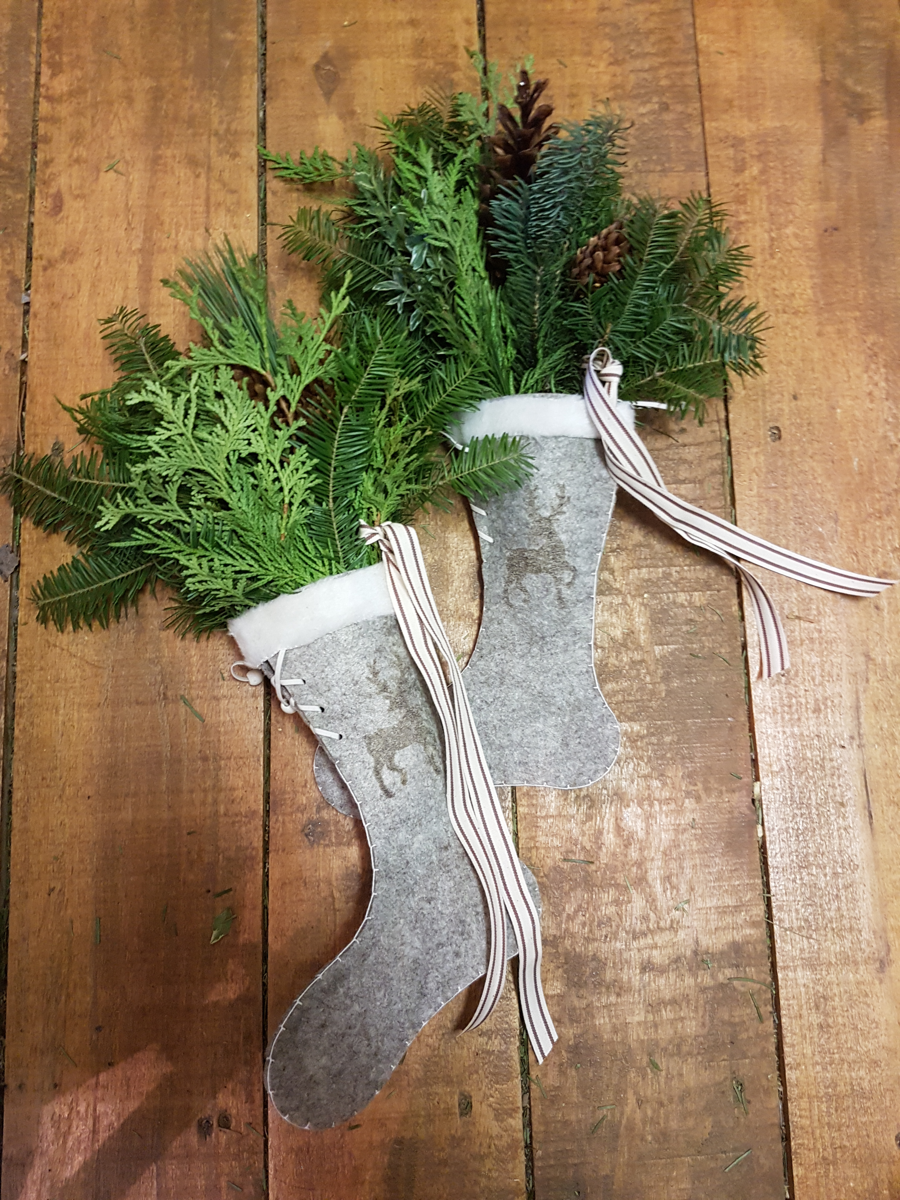 Felt stocking ( medium size) with Fresh or Faux evergreen boughs