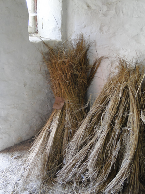 Bundles of Flax laying against wall