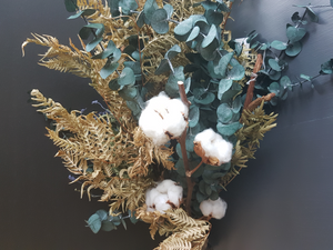 Preserved eucalyptus , cotton pods, and dried fern swag
